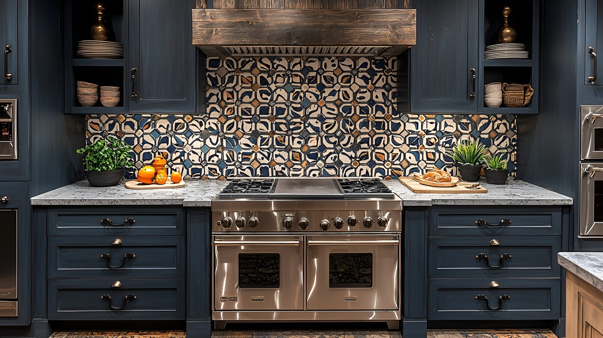 Patterned tile backsplash behind a range in a navy kitchen