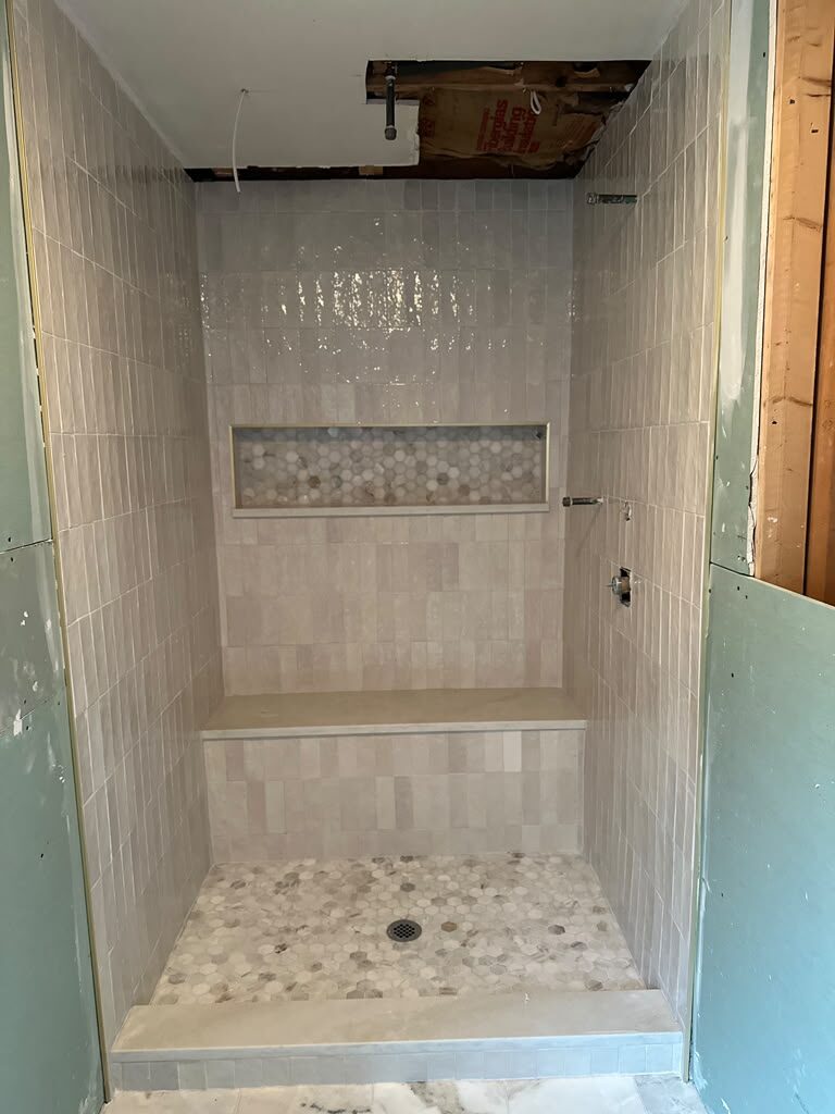 Shower bench and hex mosaic floor
